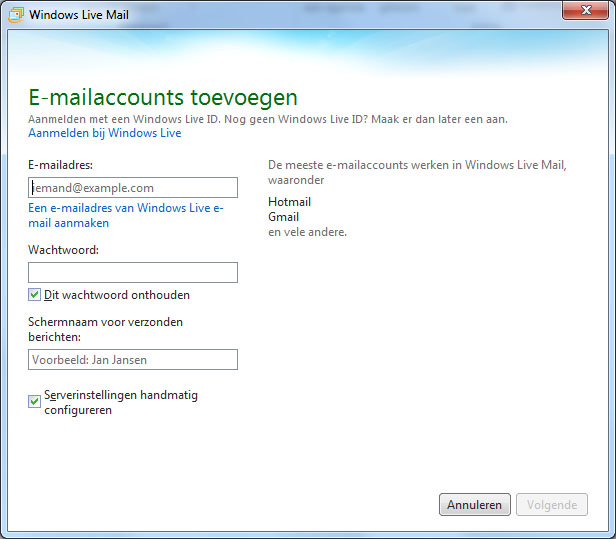E-mail instellen Windows Live Mail
